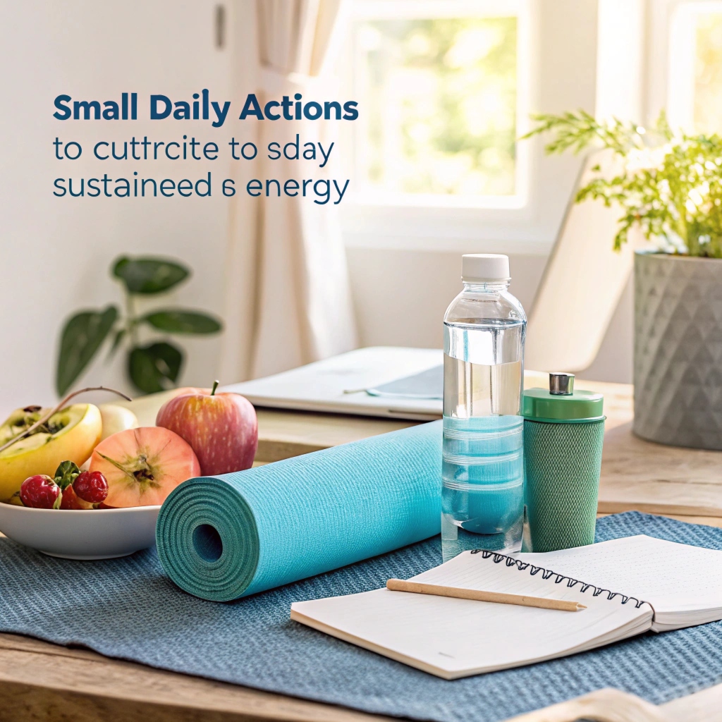 A calm and organised workspace with natural elements and warm morning light, symbolising a balanced daily routine